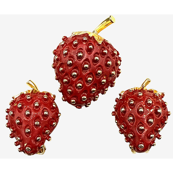 Bergere Jewelry - Vintage Bergere Brooch Clip On Earrings Berries Strawberry Red Gold‎ Tone READ